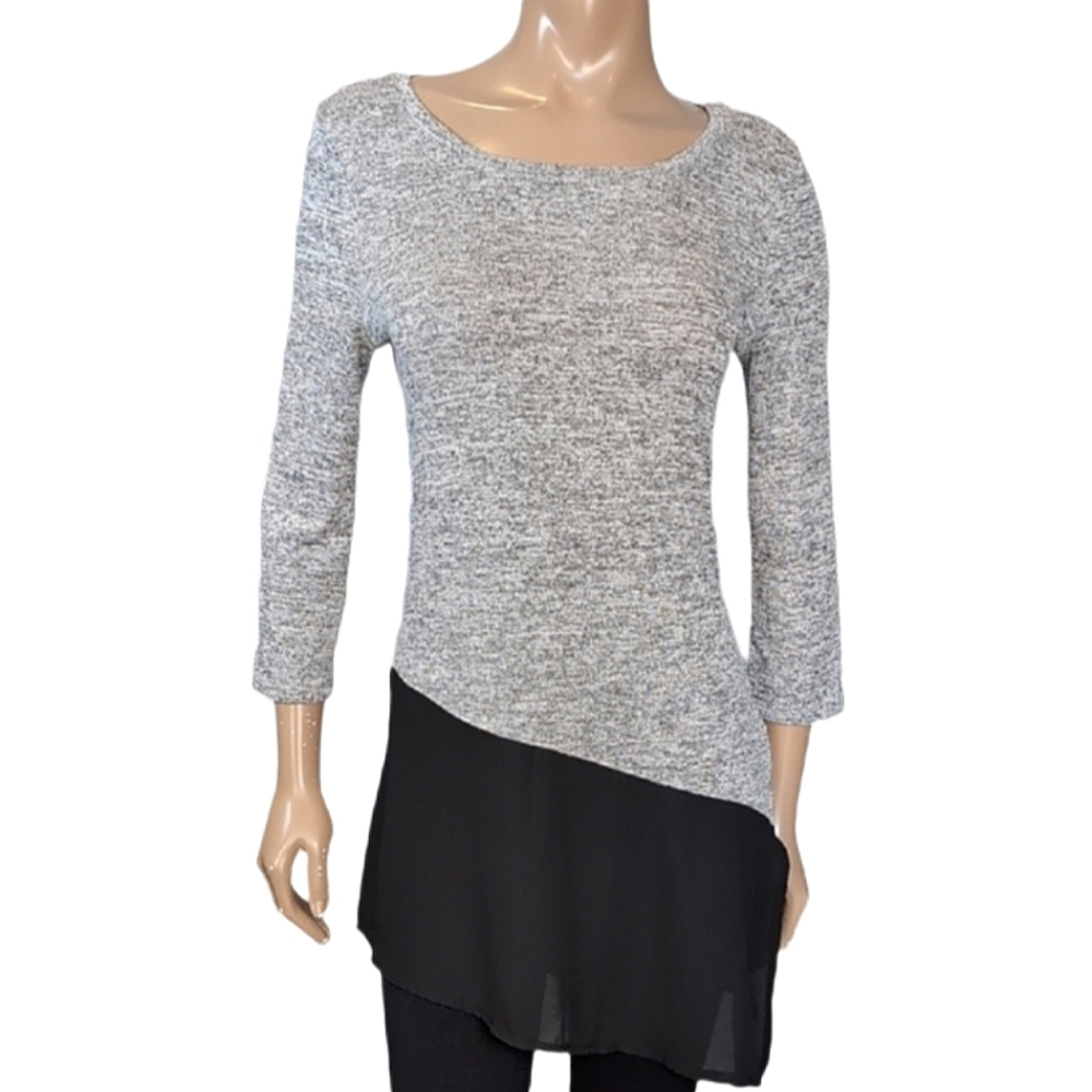 Suzy Shier Heathered Knit Tunic Top Womens Small Gray Black Chiffon Hem